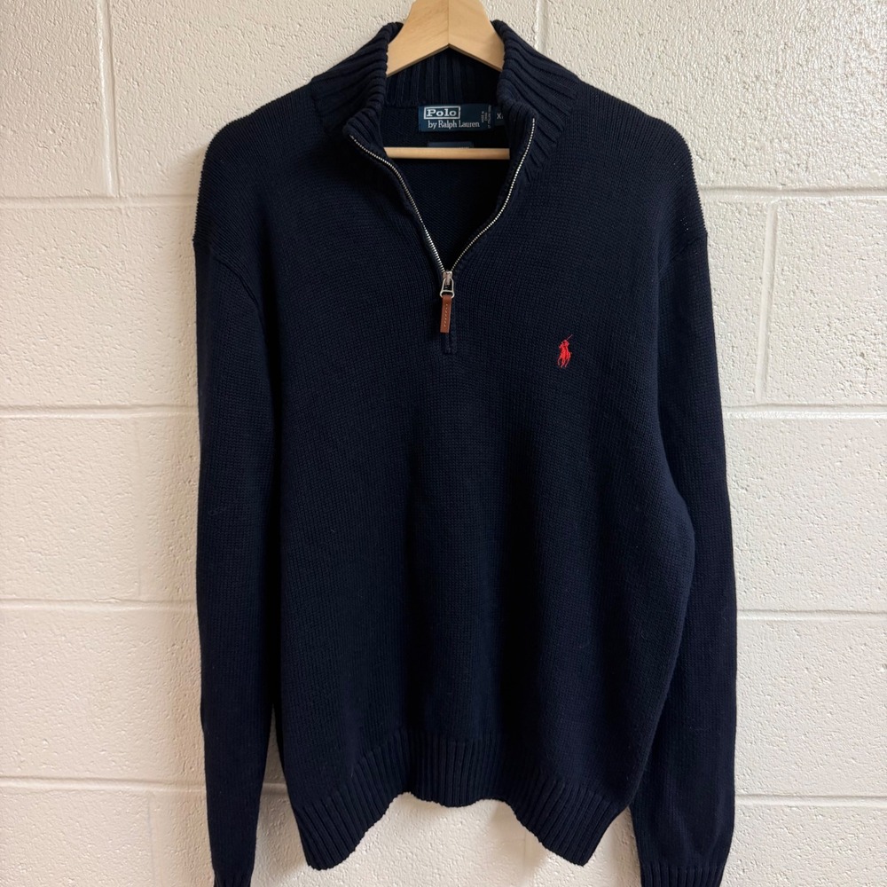 Polo Ralph Lauren VTG Mens Pima Cotton 1/4 Zip Sweater XL Navy Blue Preppy Knit